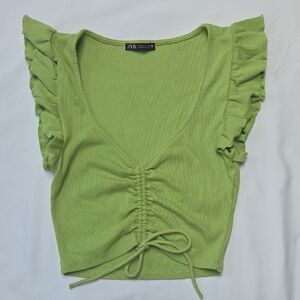 Zara Ruffle Sleeve Crop Top Lime Green